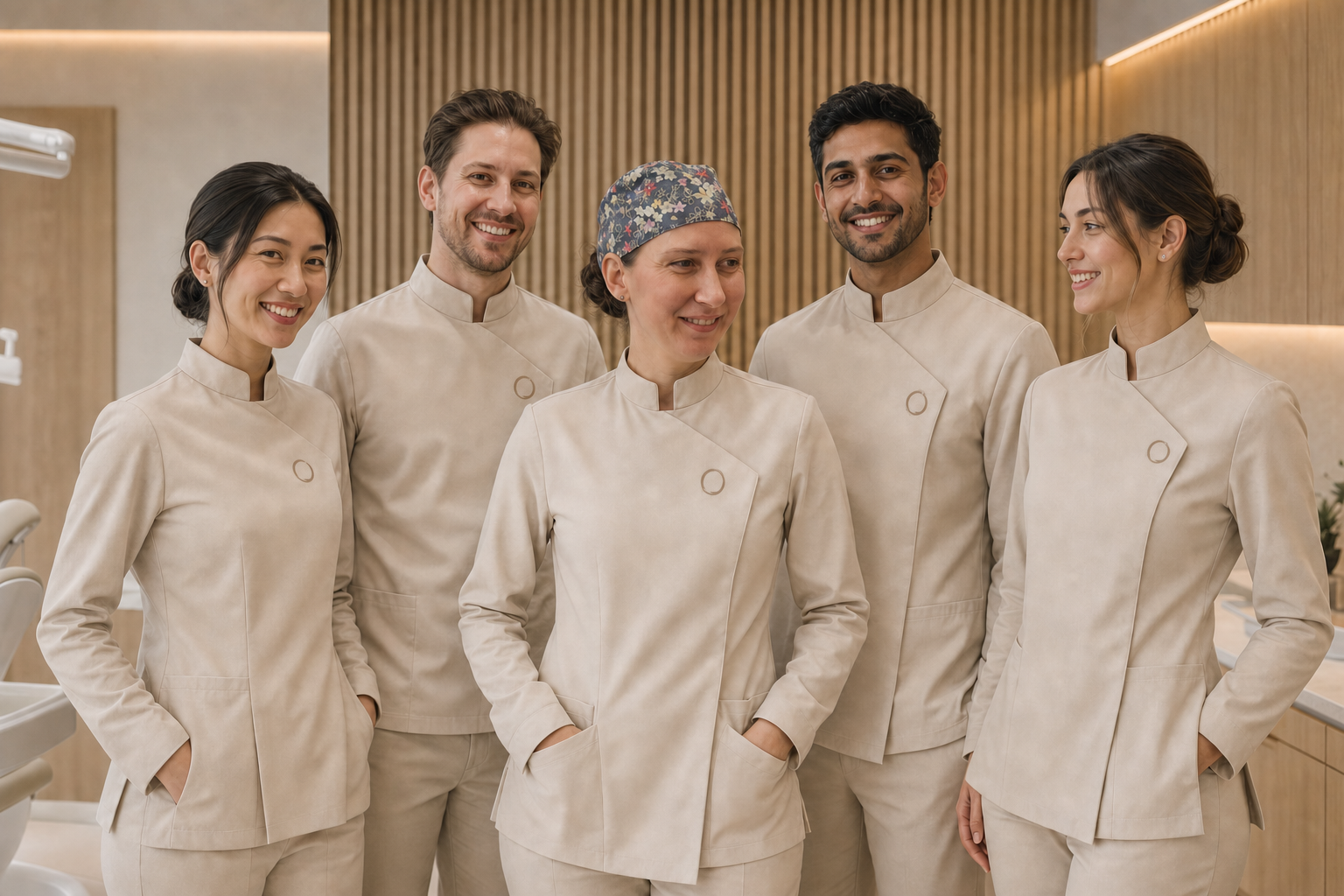 The Restoro founding team in sand-tone uniforms