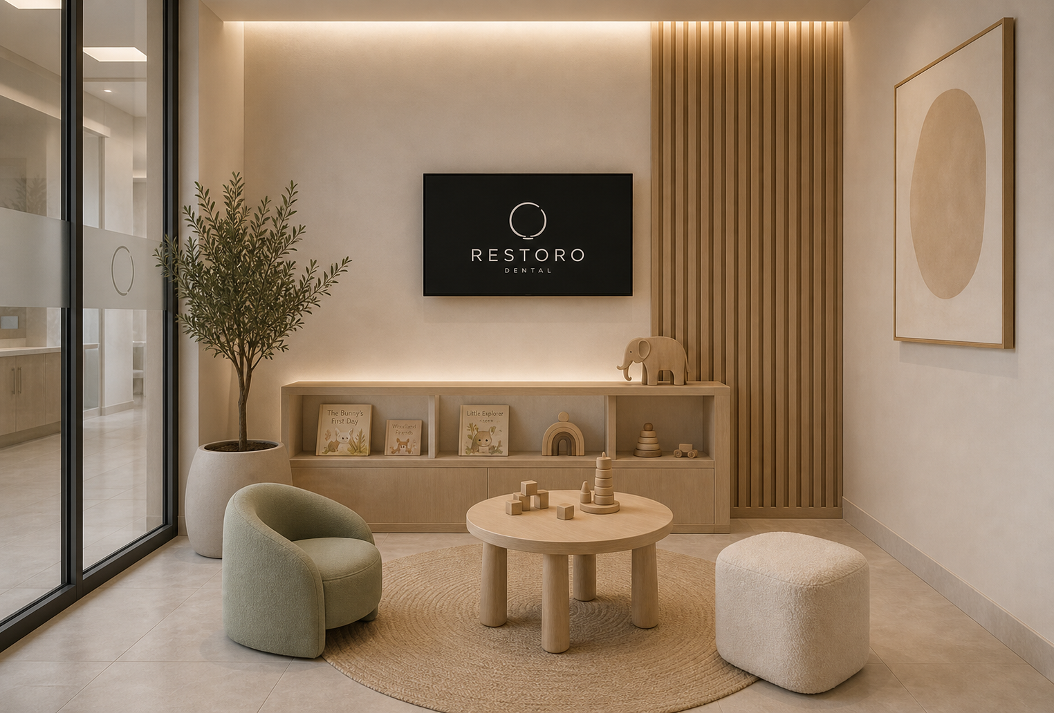 A children's corner at Restoro Dental with pale-oak play furniture, natural wooden toys, and books