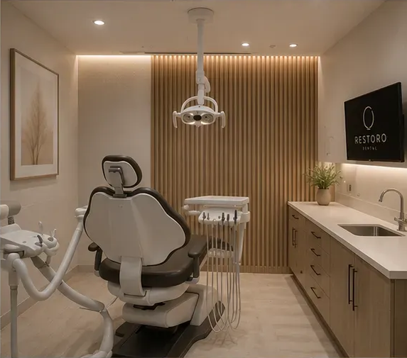 A Restoro operatory with a clean sink run and the ring logo lit on the wall screen