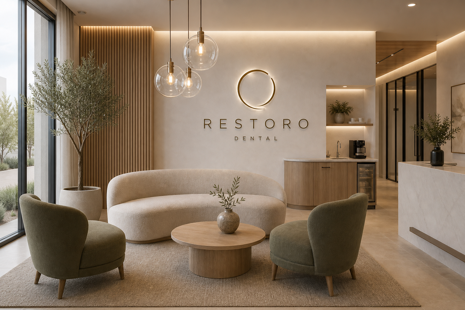 Restoro Dental waiting lounge with a curved bouclé sofa, sage-green chairs, an olive tree, and the ring logo on the wall